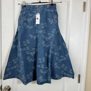 Girls Blanc Blue Floral Denim A-Line Skirt Size 10